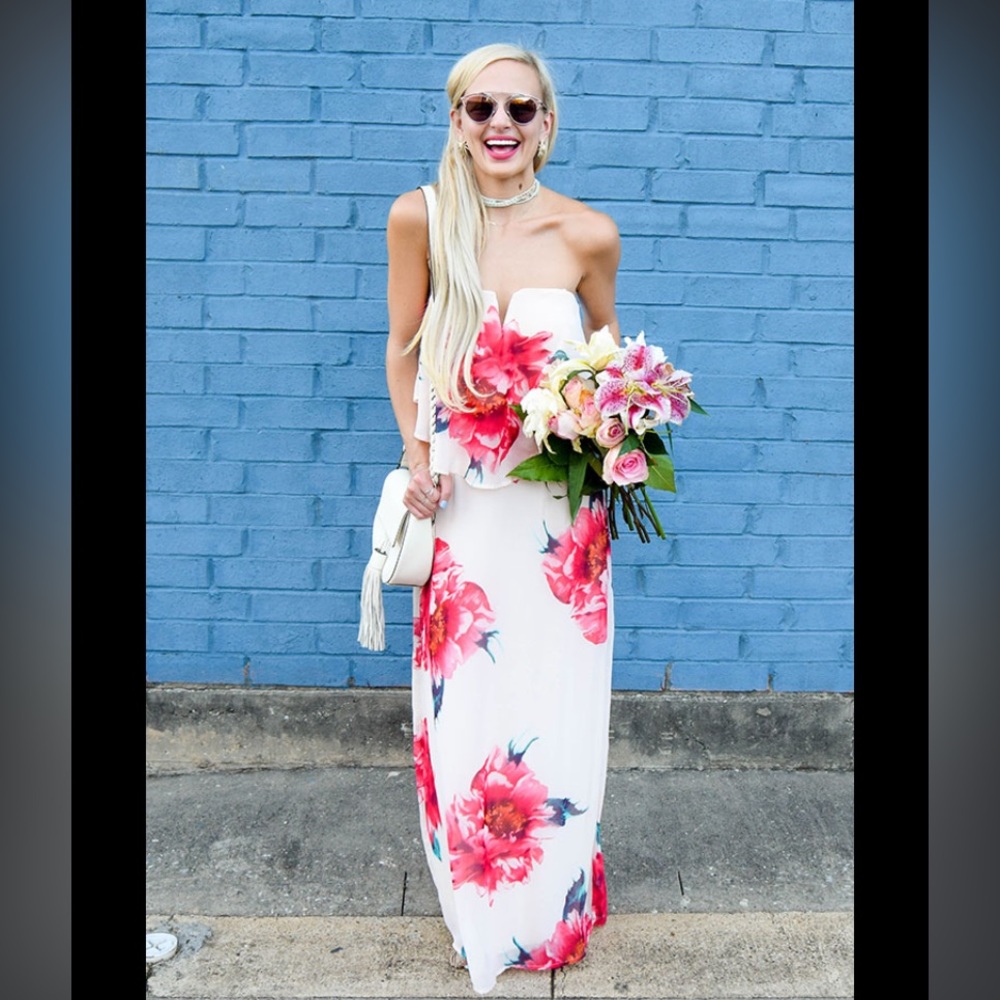 JODI KRISTOPHER FLORAL STRAPLESS MAXI DRESS WHITE PINK FLOWERS WEDDING SHOWER - Picture 7 of 7